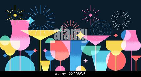 Bannière de soirée, affiche avec des cocktails colorés, feux d'artifice. Illustration vectorielle. Conception abstraite de couleurs géométriques. Boissons alcoolisées, non alcoolisées c Illustration de Vecteur