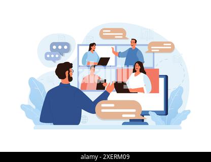 Communication en ligne. Groupes d'amis parlant entre eux, ayant un dialogue. Personnage utilisant des applications numériques pour discuter et passer des appels vidéo. Réseaux sociaux. Illustration vectorielle plate Illustration de Vecteur