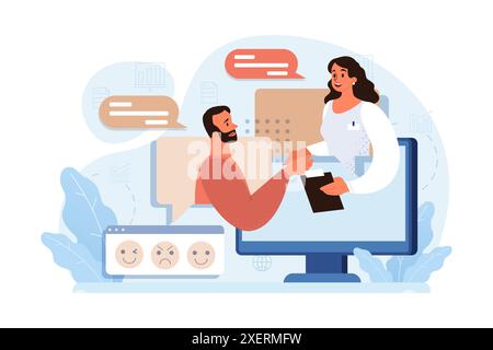 Communication en ligne. Groupes d'amis parlant entre eux, ayant un dialogue. Personnage utilisant des applications numériques pour discuter et passer des appels vidéo. Réseaux sociaux. Illustration vectorielle plate Illustration de Vecteur