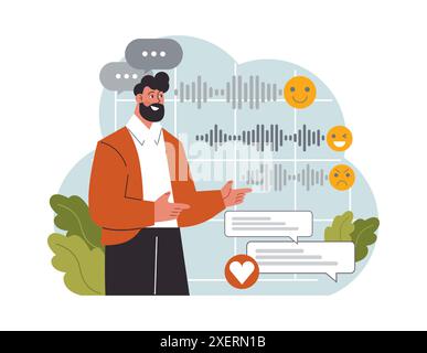 Communication en ligne. Homme envoyant des messages vocaux dans le chat des médias sociaux. Personnage utilisant des applications numériques pour discuter et passer des appels vidéo. Réseaux sociaux. Illustration vectorielle plate Illustration de Vecteur