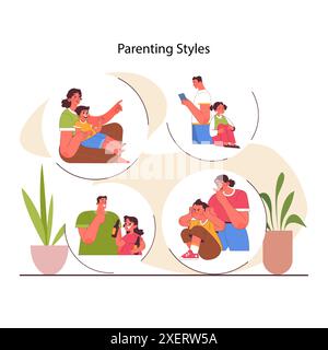 Styles parentaux. Les différentes méthodes d'éducation des enfants. Approche autoritaire, autoritaire, permissive et non impliquée. Éducation et éducation des enfants. Illustration vectorielle plate Illustration de Vecteur