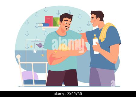 Famille homosexuelle heureuse dans la chambre des enfants. Parents de couples gays nourrissant et berçant un nouveau bébé pour dormir. Scène d'accueil de la routine quotidienne. Illustration vectorielle plate Illustration de Vecteur