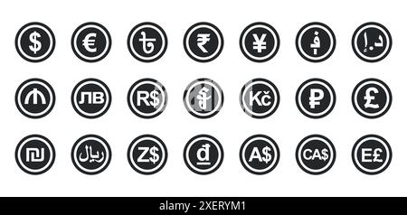 Ensemble de devises monétaires de différents pays du monde. Illustration de Vecteur
