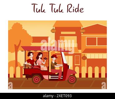 Pilote de tuk tuk. Couple de touristes ayant un tour en ville. Tricycle rickshaw local. Voyage et expérience touristique. Illustration vectorielle plate Illustration de Vecteur