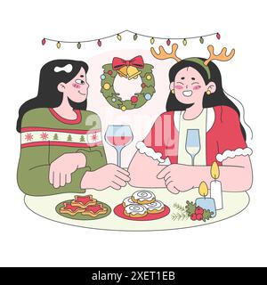 Les personnages féminins célèbrent noël et le nouvel an. Amis mignons assis à la table à manger sur les vacances d'hiver. Pâtisseries et bonbons traditionnels festifs. Illustration vectorielle plate Illustration de Vecteur