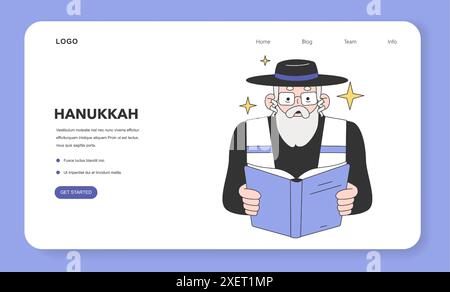 Hanukkah célébrant dans une bannière web de synagogue ou une page de destination. Rabbin senior avec une barbe lit une prière. Vieil homme juif lisant un livre. Rassemblement les jours fériés religieux. Illustration vectorielle plate Illustration de Vecteur