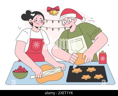 Les personnages célèbrent noël et le nouvel an. Membres de la famille, grand-mère et petite-fille faisant des biscuits au pain d'épices pendant les vacances d'hiver, tradition festive. Illustration vectorielle plate Illustration de Vecteur