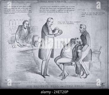 Cette lithographie de H. Heath représente une scène satirique dans une boutique d'apothicaire, où Sir Robert Peel, un éminent politicien britannique, tente de forcer à donner une grosse pilule à John Bull, une personnification de l'Angleterre. L'image se moque des politiques perçues comme brutales de Peel et d'autres politiciens, qui sont considérés comme imposant leur volonté au peuple britannique. Banque D'Images