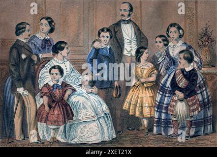 Cette impression Baxter de William Dickes capture une scène réconfortante de la reine Victoria, du Prince Albert et de leurs enfants ensemble dans un cadre domestique. L'image, probablement datant entre 1850 et 1859, représente la famille royale dans un portrait formel, leur tenue vestimentaire et leurs expressions reflétant la grandeur et l'intimité de leur vie. Banque D'Images