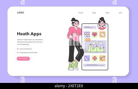 Bannière Web ou page d'accueil de l'application Health Tracker. Personnage féminin utilisant un dispositif numérique pour surveiller l'activité corporelle. Battement cardiaque, contrôle de la température et podomètre. Illustration vectorielle plate Illustration de Vecteur