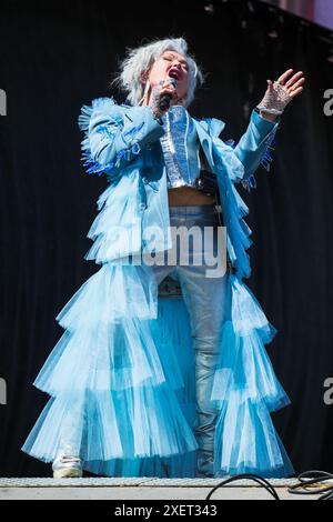 Glastonbury, Royaume-Uni. 29 juin 2024. Cyndi Lauper vue sur la scène Pyramid le samedi 2024 Glastonbury Festival à Worthy Farm, Somerset photo de Julie Edwards crédit : JEP Celebrity photos/Alamy Live News Banque D'Images