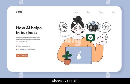 Impact de l’intelligence artificielle sur la bannière web ou la page d’accueil de l’entreprise. Service client alimenté par IA, assistant chatbot automatique aidant un client. Illustration vectorielle plate Illustration de Vecteur