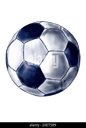 Ballon de football peint à l'aquarelle. Couleur bleu foncé et blanc. Utilisation pour cartes, affiches, autocollants et textiles. Banque D'Images