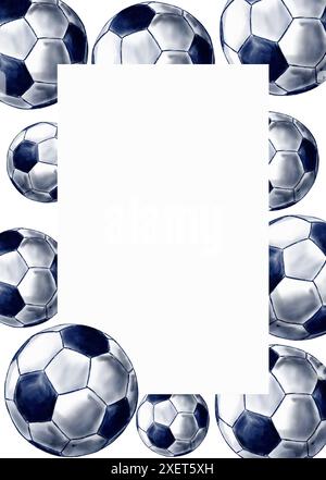 Cadre de ballons de football. Illustration aquarelle en bleu. Banque D'Images