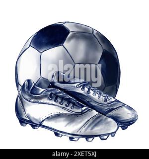 accessoires de football. Une balle à côté d'une paire de chaussures de football. Illustration aquarelle monochrome en bleu. Banque D'Images