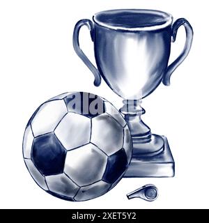 Coupe de football du vainqueur avec ballon et sifflet de l'arbitre. Illustration aquarelle. En style monochrome. Couleur bleue. Banque D'Images