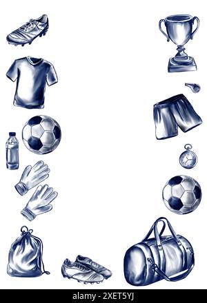 cadre ou couronne d'attributs et d'accessoires de football. Illustration aquarelle. En style monochrome. Couleur bleue. Banque D'Images