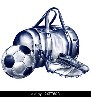 Ensemble d'attributs de football sportif. Un grand sac de sport, à côté d'un ballon et de chaussures de football. Illustration aquarelle monochrome. Banque D'Images