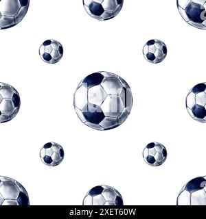 Motif de petits et moyens ballons de football. Balles à l'allure classique. Illustration aquarelle monochrome. Banque D'Images