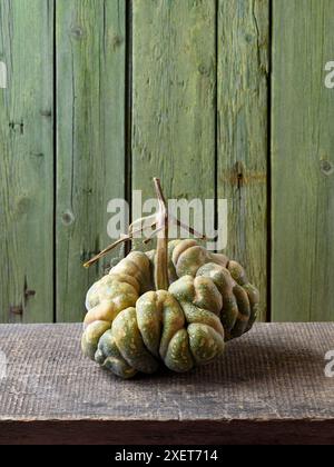 Squash chinois Cucurbita moschata sur une vieille table en bois avec fond vert Banque D'Images