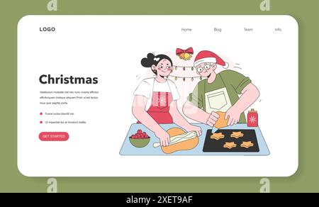 Les personnages célèbrent noël et nouvel an bannière web ou page de destination. Grand-mère et petite-fille faisant des biscuits en pain d'épices pendant les vacances d'hiver, tradition festive. Illustration vectorielle plate Illustration de Vecteur