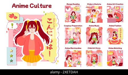 Ensemble de culture anime. Style de vie otaku ou geek, dessins animés japonais populaires ou fan de manga. Caractère asiatique . Loisirs ou sous-culture divertissants et créatifs. Illustration vectorielle plate Illustration de Vecteur