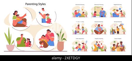 Styles parentaux définis. Les différentes méthodes d'éducation des enfants. Approche autoritaire, autoritaire, permissive et non impliquée. Éducation et éducation des enfants. Illustration vectorielle plate Illustration de Vecteur