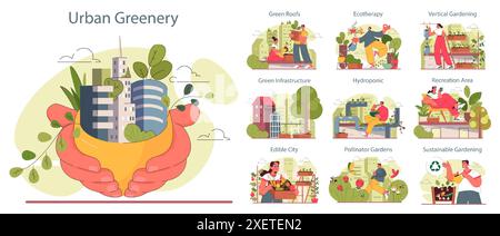 Ensemble d'agriculture urbaine ou de jardinage. Pratiques horticoles urbaines. Personnages plantant et arrosant la germe, cultivant de la nourriture sur le toit ou le balcon. Zones de loisirs de Freen. Illustration vectorielle plate Illustration de Vecteur