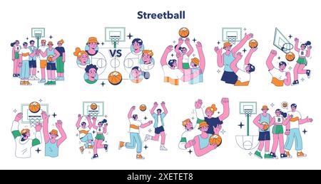 Ensemble de jeu de streetball. Les joueurs de l'équipe jouent au basketball à l'extérieur. Les personnages adolescents ou jeunes adultes dans un sportswear jouent avec un ballon. Illustration vectorielle plate. Illustration de Vecteur