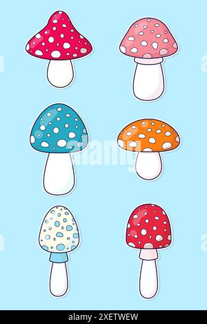Ensemble d'agarics de mouches multicolores. Autocollants vectoriels dans un style plat. Illustration de Vecteur