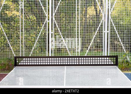 Table de ping-pong verte et filet à l'extérieur. journée d'été ensoleillée Banque D'Images