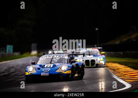 Stavelot, Belgique. 29 juin 2024. 23 EVANS Jaxon (nzl), ERIKSSON Joel (swe), PREINNING Thomas (aut), Porsche 911 GT3 R, action lors des 24 heures de Spa CrowdStrike 2024, 2ème course de la GT World Challenge Europe Endurance Cup 2024, du 26 au 30 juin 2024 sur le circuit de Spa-Francorchamps, à Stavelot, Belgique - photo Damien Saulnier/DPPI crédit : DPPI Media/Alamy Live News Banque D'Images