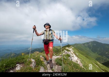 Randonneur avec bâtons de trekking, sac à dos navigue sur sentier de montagne rocheux sur fond pittoresque de journée ensoleillée avec des collines verdoyantes capturant l'essence de ou Banque D'Images