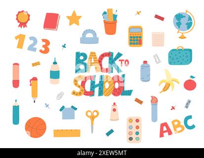 Jeu de vecteurs de rentrée scolaire. Fournitures éducatives amusantes et mignonnes. Éléments de lettrage et de papeterie de bureau. Illustrations colorées dessinées à la main Illustration de Vecteur