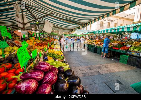 Fruits frais légumes au marché de rue Mercado de Abastos ou Mercado Ingeniero Torroja ou marché des aliments frais à Algeciras, Espagne. Banque D'Images