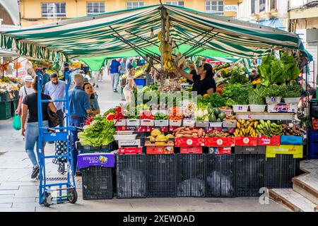 Fruits frais légumes au marché de rue Mercado de Abastos ou Mercado Ingeniero Torroja ou marché des aliments frais à Algeciras, Espagne. Banque D'Images