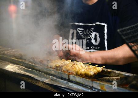 Un jeune japonais grillant des brochettes au restaurant Washio Yakitori Izakaya à Chuocho, Kagoshima, Japon. Banque D'Images