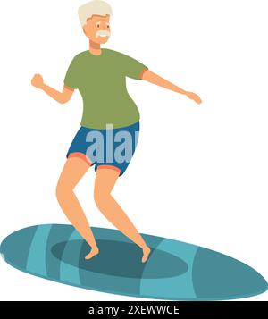 Heureux homme senior surfant sur une planche de surf, profitant de sa retraite à la plage Illustration de Vecteur