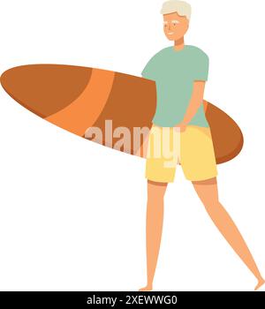 Homme senior marchant sur la plage avec une planche de surf, profitant d'une retraite active Illustration de Vecteur