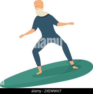 Homme senior surfant sur une planche de surf verte gardant l'équilibre avec les bras tendus Illustration de Vecteur