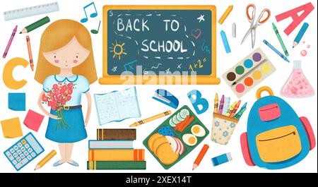 Retour aux éléments de l'école, fournitures pour enfants, école mignonne pour enfants, illustration dessinée à la main Banque D'Images