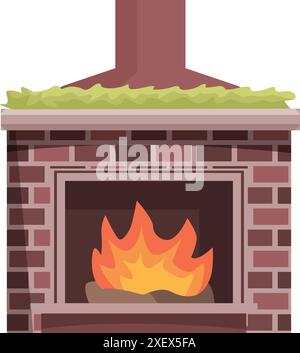 Cheminée en brique brûle avec du feu à l'intérieur et de l'herbe sur le dessus Illustration de Vecteur