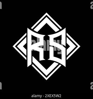 Logo lettre RS avec forme de bouclier abstraite avec contour blanc carré sur fond noir Banque D'Images