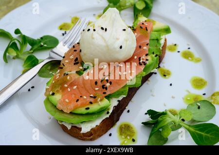 Sandwich aux oeufs pochés avec oeufs pochés, avocat et pain rustique pour un petit déjeuner ou un brunch élégant et moderne Banque D'Images