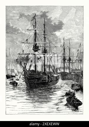 Une ancienne gravure du HMS «Alert» et du HMS «Discovery» au départ de Portsmouth, Hampshire, Angleterre, Royaume-Uni le 29 mai 1875, au début de l'expédition britannique dans l'Arctique de 1875-1876, dirigée par Sir George Strong Nares. Il est tiré d'un livre d'histoire victorienne de c.1900. L'expédition britannique dans l'Arctique a été envoyée par l'Amirauté pour tenter d'atteindre le pôle Nord via Smith Sound sur la côte ouest du Groenland. Le Discovery était commandé par Henry Frederick Stephenson. Bien que l'expédition ne parvienne pas à atteindre le pôle Nord, les côtes du Groenland et de l'île d'Ellesmere sont explorées de manière approfondie. Banque D'Images