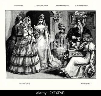 Une vieille gravure de costumes portés par les femmes à l'époque victorienne. Il est tiré d'un livre d'histoire victorienne de c.1900. Les styles vestimentaires de l'époque comprenaient la «Dolly Varden», la robe «Princesse» et le look «esthétique». Les robes faites de «Crinoline» étaient également populaires pendant une période. Banque D'Images