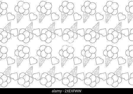 Motif sans couture de cônes de crème glacée et illustration de contour de coeurs pour une page de coloriage amusante et engageante. Parfait pour les enfants et les projets de bricolage. Illustration de Vecteur