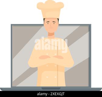 Chef professionnel est debout à l'intérieur d'un écran d'ordinateur portable, suggérant un cours de cuisine en ligne ou un cours culinaire Illustration de Vecteur