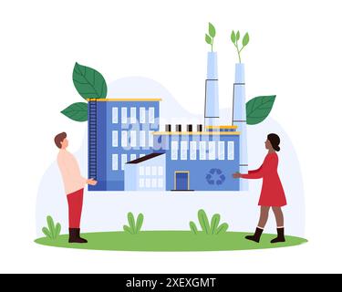 Technologie écologique, compensation carbone pour réduire les gaz à effet de serre CO2. Minuscules personnes tenant le bâtiment d'usine avec le signe de recyclage, feuille verte grandissant dans l'illustration vectorielle de dessin animé de cheminée Illustration de Vecteur
