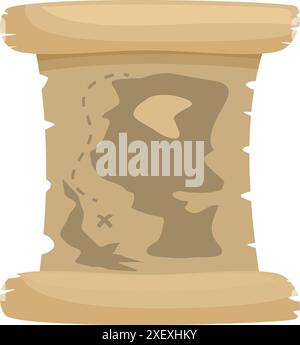 L'ancienne carte au trésor est déroulée, révélant une carte dessinée à la main avec une ligne pointillée menant au trésor enterré marqué par un x Illustration de Vecteur